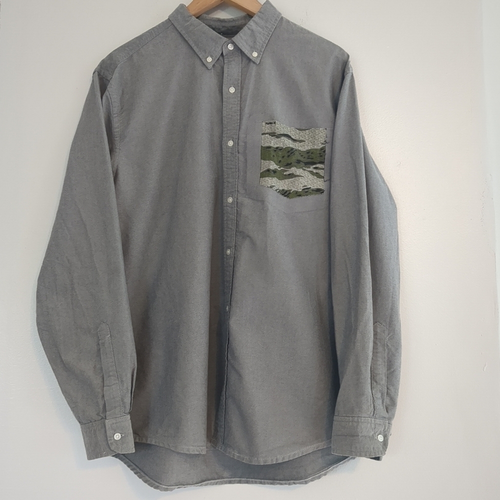 Hurley Shirt Mens XL Grey Long Sleeve Camo Pocket Surfer Casual Cotton Button